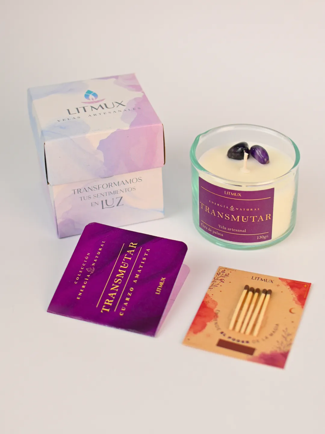 Set vela Transmutar con cuarzo amatista y fósforos rituales Litmux