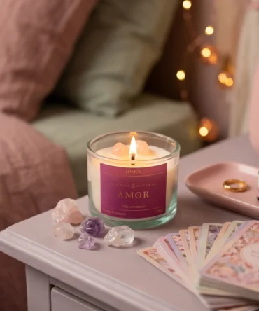 Vela Amor con cuarzo rosa encendida junto a cristales y cartas espirituales