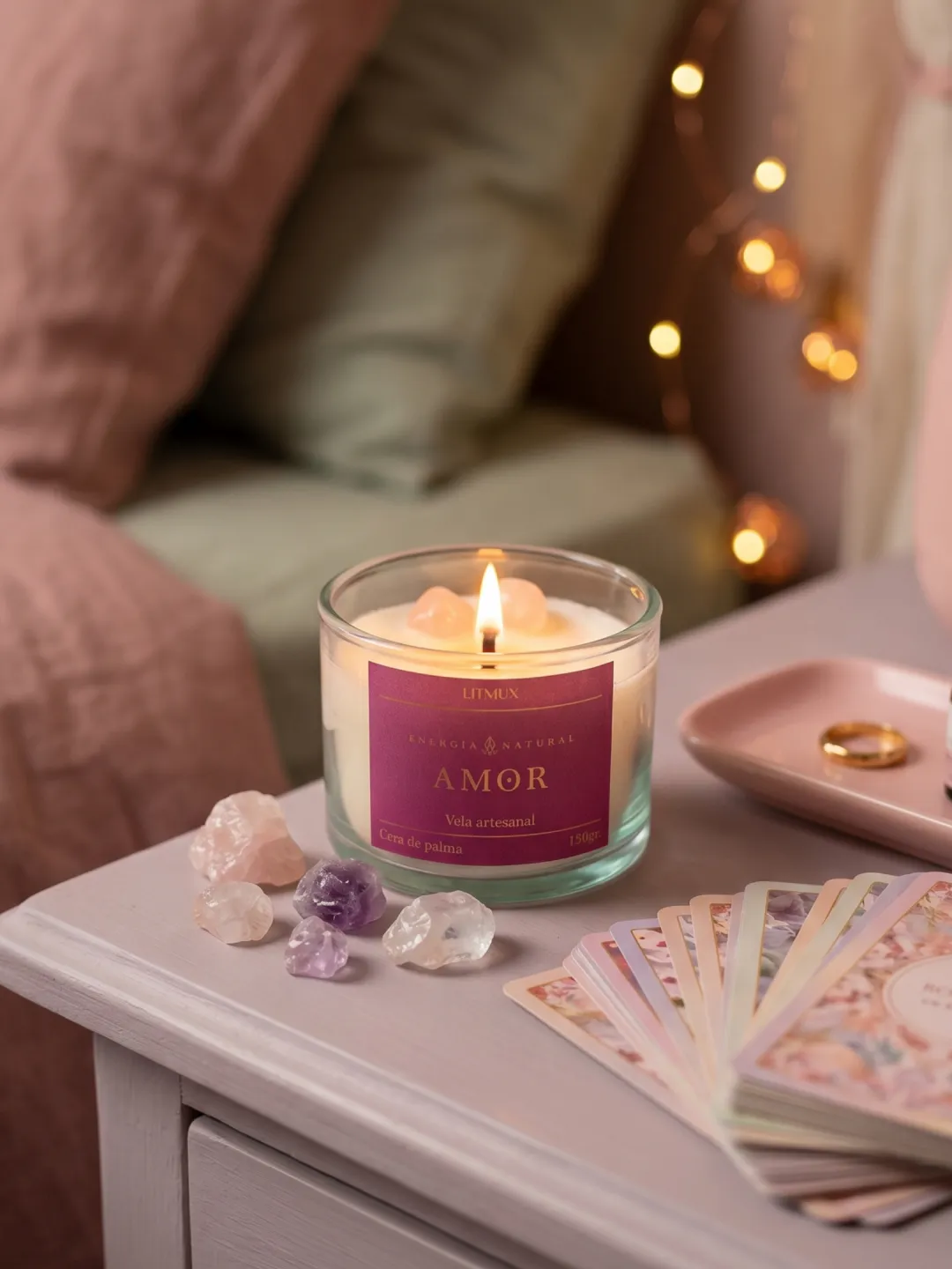 Vela Amor con cuarzo rosa encendida junto a cristales y cartas espirituales