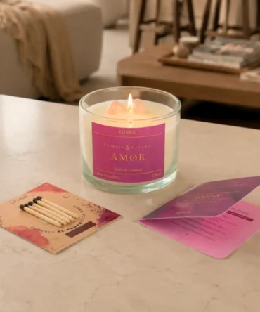 Kit ritual vela Amor con cuarzo rosa y fósforos decorativos Litmux