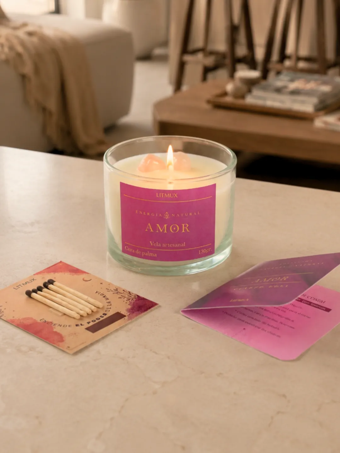 Kit ritual vela Amor con cuarzo rosa y fósforos decorativos Litmux