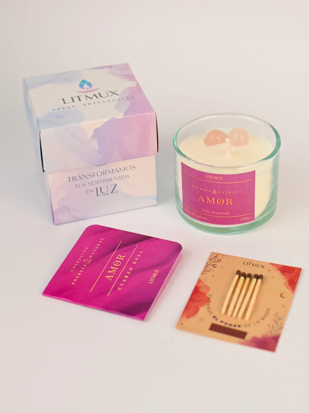 Set vela Amor con cuarzo rosa y fósforos mágicos Litmux