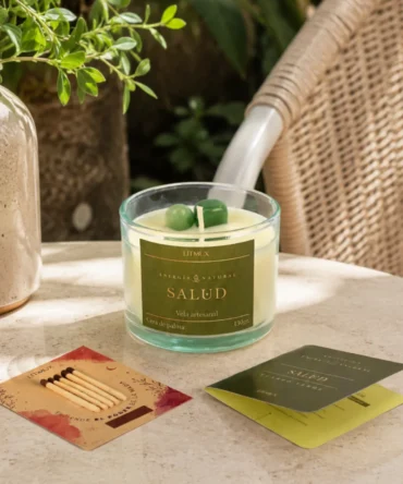 Vela Salud con cuarzo verde y fósforos rituales Litmux